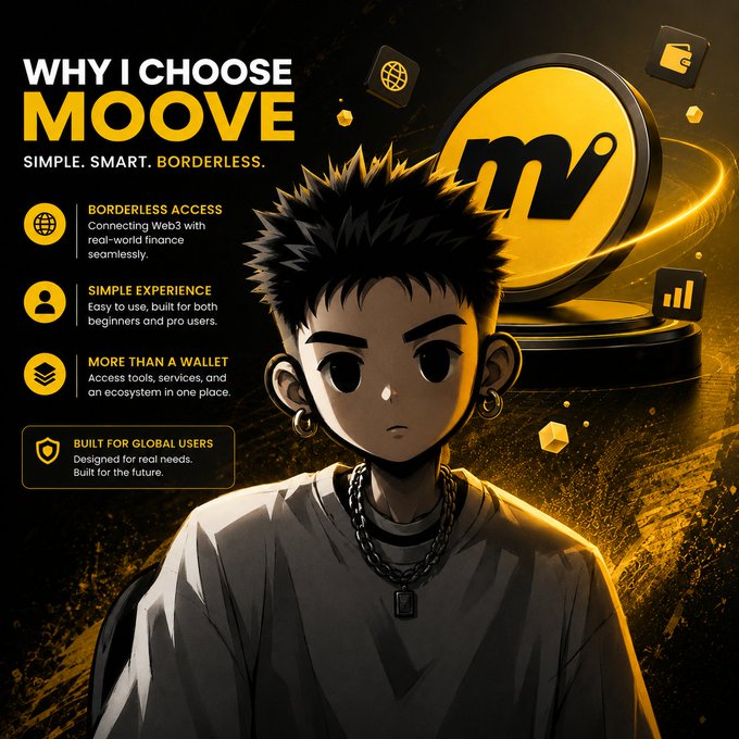 The image features a young man with spiky hair wearing a white shirt sitting in front of an advertisement for the cryptocurrency wallet, @moovexyz. The text within the picture reads "Why I choose moove xyz". The reason for choosing this particular cryptocurrency wallet is that it offers simplicity and practicality, which are essential factors when using digital wallets in today's fast-paced society. It has been built with global users in mind, ensuring easy integration into various platforms. So, the answer to the post is: People often ask why I pay so much attention to @moovexyz, my honest perspective is that this wallet was chosen because of its simple and practical design, which fits well into how people use crypto."