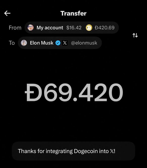 A cryptocurrency transfer interface on X showing a Dogecoin transfer of Ð69.420 from 'My account' to Elon Musk (@elonmusk), with message 'Thanks for integrating Dogecoin into X!'.