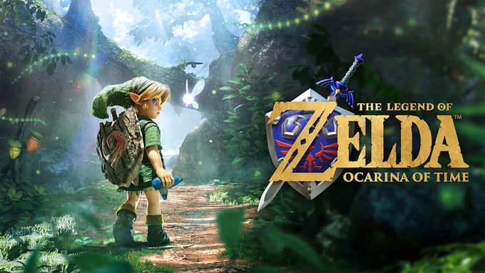 A young hero with pointed ears stands in a lush forest holding an ocarina, accompanied by a glowing fairy, beside the official title logo for "The Legend of Zelda: Ocarina of Time." The image evokes nostalgia for the classic game, matching the post's joyful anticipation of $SOL reaching $300.