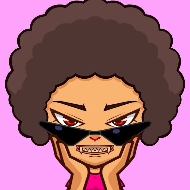 A cartoon/avatar illustration of an angry character with a large brown afro, red eyes, sharp teeth, and angular sunglasses against a pink background.