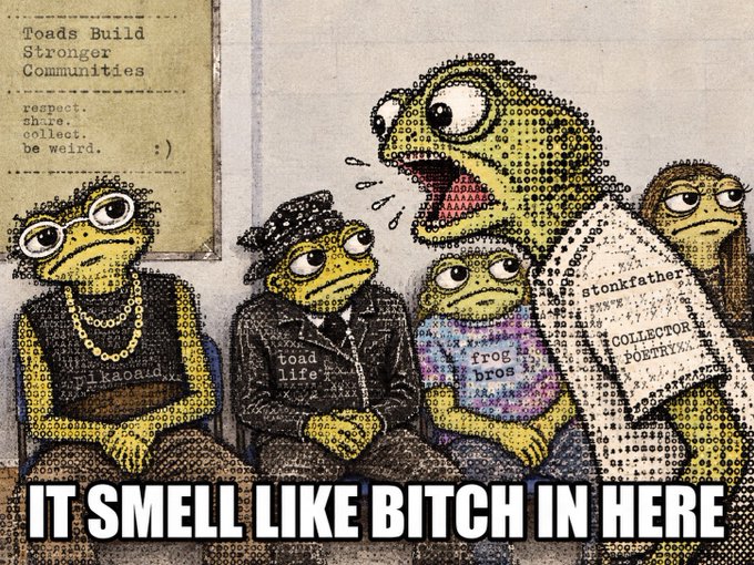 An illustration of anthropomorphic frogs in a group meeting, with text 'Toads Build Stronger Communities' on a poster, character labels like 'pixelated.xx', 'toad life', 'frog bros', and 'stonkfathers', and the caption 'IT SMELL LIKE BITCH IN HERE'.