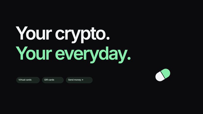 A dark-themed promotional banner featuring the bold tagline "Your crypto. Your everyday." in white and green text, alongside three feature tags—Virtual cards, Gift cards, and Send money—and a green-and-white pill-shaped Pumpay logo in the bottom right corner.
