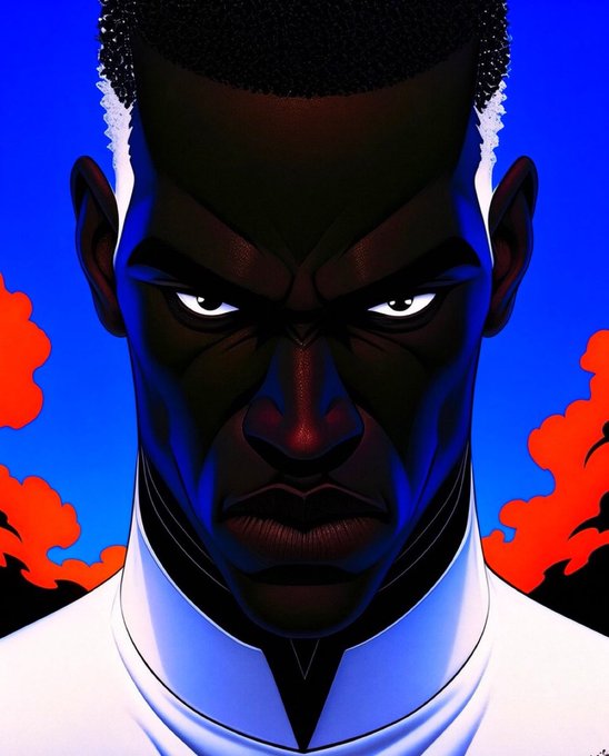 The image is a striking digital illustration of a dark-skinned man with an intense, angry expression, glowing white eyes, a flat-top haircut, and wearing a white shirt, set against a vibrant blue sky with red clouds. It relates to the post as a dramatic, attention-grabbing visual to promote an alleged $100 USDT giveaway by @IThinkItsArt, a known digital artist.