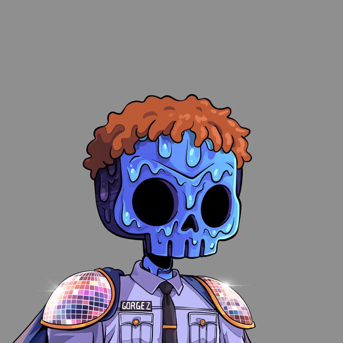 A cartoon character with a blue melting skull face, curly orange hair, and disco-ball shoulder pads on a uniform with a 'GORGEZ' name tag.