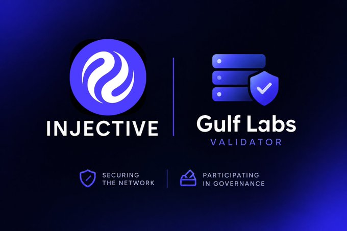 A promotional graphic for 'INJECTIVE' and 'Gulf Labs VALIDATOR' on a dark blue background, with text reading 'SECURING THE NETWORK' and 'PARTICIPATING IN GOVERNANCE'.