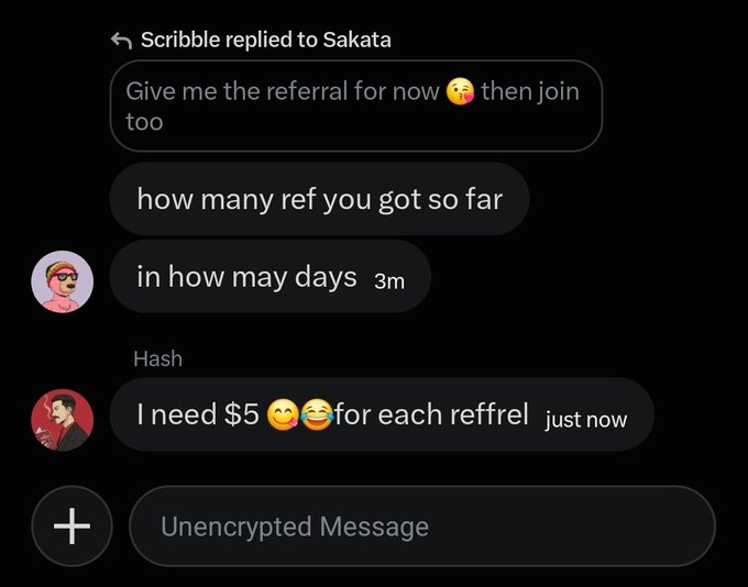 The image shows a chat conversation where someone named "Hash" asks for "$5 for each reffrel [referral]," highlighting the desperation and absurd lengths people go to for small amounts of money—aptly illustrating the current state of the world economy where even minimal financial gain drives people to solicit referrals from others.