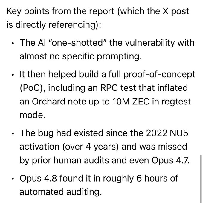 The image shows a white background with black text that reads "Key points from the report (which the X post is directly referencing):". The text also includes information about the vulnerability of the Al chip, which was built by the Al chip company. The Al chip company claimed that it had already helped build an Al chip test that could detect vulnerabilities in a matter of minutes. However, someone else found out and sent the report to Zero, which led to the Al chip being taken down from the internet.