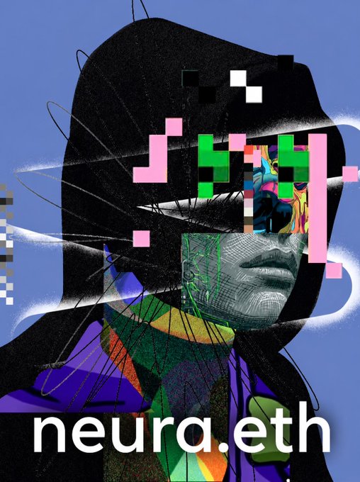 A vibrant, glitch-art style digital portrait features a face obscured by pixelated blocks and Japanese characters, with the text "neura.eth" displayed in white at the bottom.