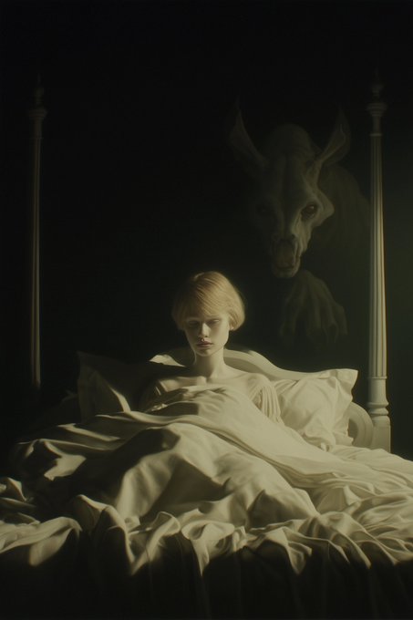 A dark, surreal painting of a young blonde girl sitting in a four-poster bed illuminated by soft light, with a menacing demonic creature looming behind her.