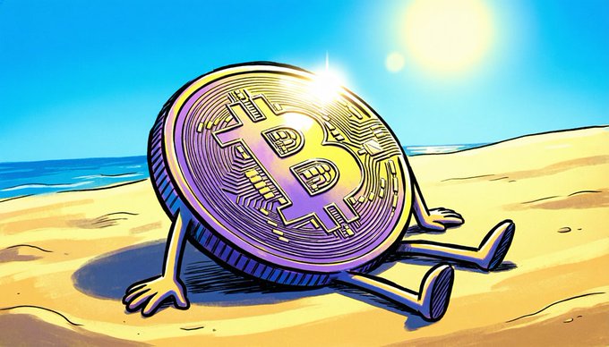 A whimsical cartoon illustration depicts a Bitcoin coin with arms and legs relaxing on a sunny sandy beach.