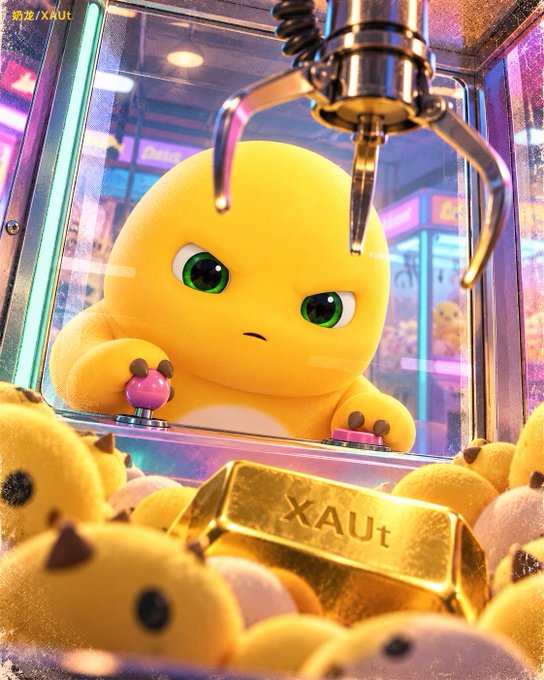 A digital illustration of a yellow cartoon creature operating a claw machine filled with similar plush toys, with a gold bar labeled "XAU_t" resting among the plushies.