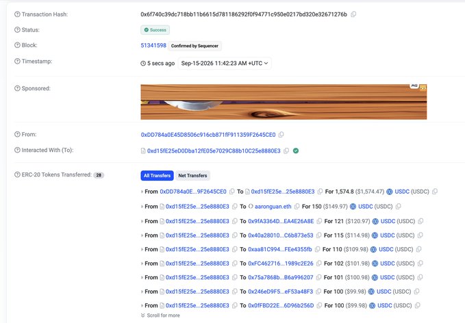 A blockchain transaction screenshot showing ERC-20 token transfers (likely USDC) from wallet 0xd15fe25e...25e8880E3 to 9 different recipients, including "0xaaron.guan.eth" receiving $1,574.47 (the highest amount), with the page header reading "refunds for everyone outbid in the token singapore ciggie auction" — visually confirming the bulk refund distribution referenced in the post.