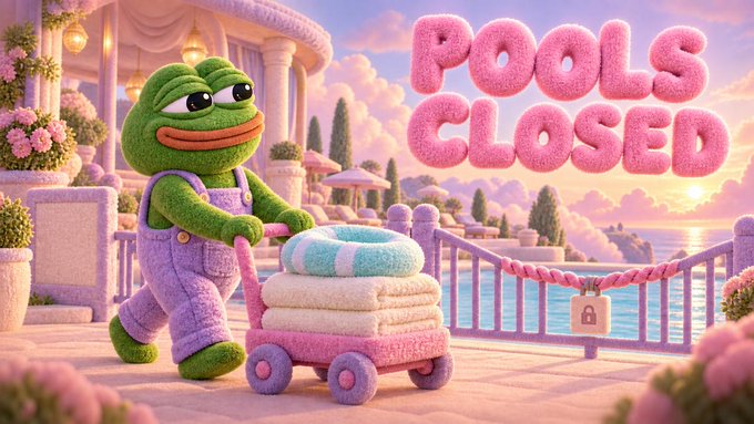 A whimsical 3D illustration of a green frog in purple overalls pushing a cart of towels, with pink text reading 'POOLS CLOSED' and a locked gate by the water.
