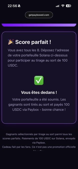 A mobile screenshot from getpayboxed.com displaying 'Score parfait!' with a green checkmark and 'Vous êtes dedans!' in French, inviting users to submit a Solana wallet for a chance at 100 USDC.