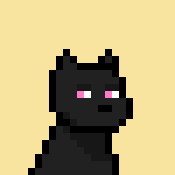 A simple digital illustration of a black, blocky, pixel-art creature with small pink and white eyes against a solid pale yellow background.