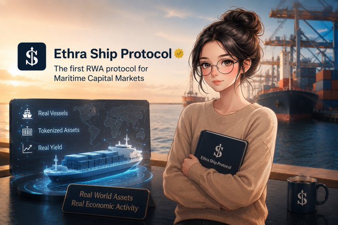 A promotional image for 'Ethra Ship Protocol' described as 'The first RWA protocol for Maritime Capital Markets', featuring a woman holding a laptop next to a holographic display showing 'Real Vessels', 'Tokenized Assets', and 'Real Yield'.