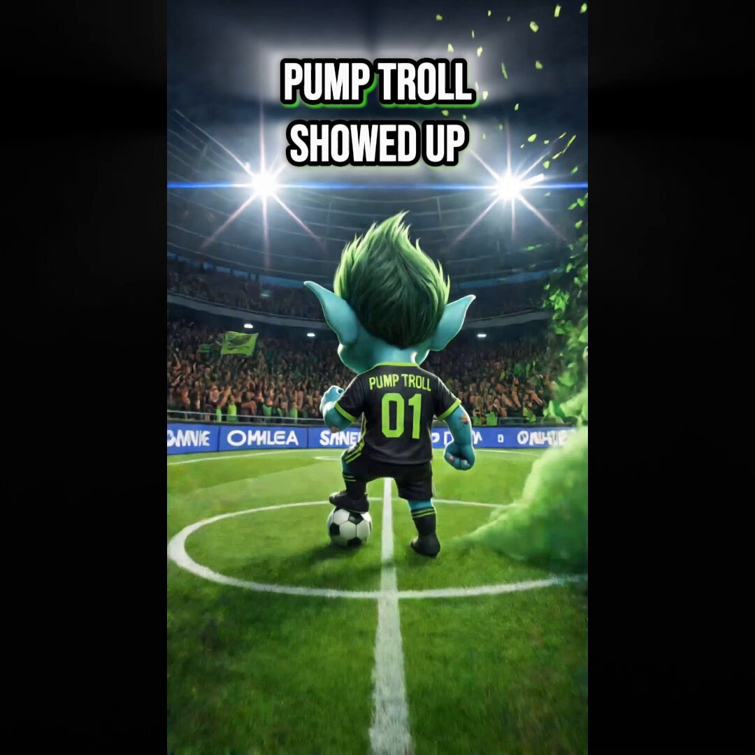 The image features a cartoon character dressed as a soccer player standing on a soccer field, with a crowd of people watching from behind him. The character has a green jersey that says "PumpTroll" on it. There are also two instances of the word "Pump" in the image, one near the bottom left corner and another at the top right corner. Additionally, there is a post about Pump Troll showing up to the World Cup, which seems unrelated to the soccer player character. The scene includes a soccer ball placed on the field as well.