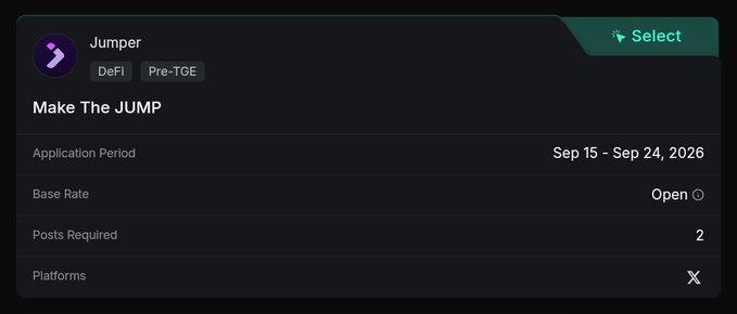 A dark-themed interface for 'Jumper' shows a 'Make The JUMP' DeFi Pre-TGE program with an application period of Sep 15 - Sep 24, 2026.