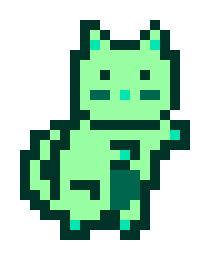 A small pixel art character of a green cat or creature with darker green outlines and cyan accents on its ears and paws.