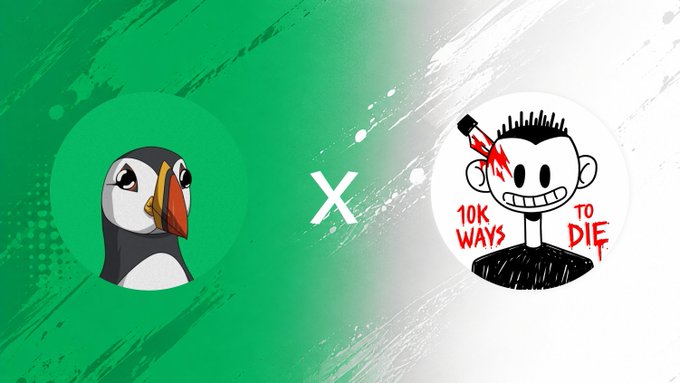 A promotional graphic with a green background featuring a Puffin avatar on the left, an 'X' in the middle, and a cartoon character with a bloody head on the right labeled '10K WAYS TO DIE'.