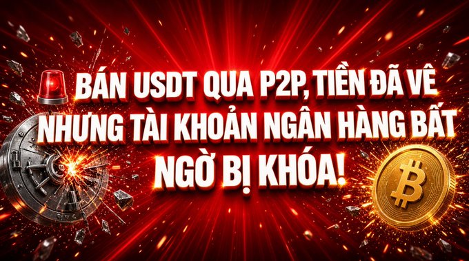 A bold red warning banner in Vietnamese with text 'BÁN USDT QUA P2P, TIỀN ĐÃ VỀ NHƯNG TÀI KHOẢN NGÂN HÀNG BẤT NGỜ BỊ KHÓA!' (Selling USDT via P2P, money received but bank account suddenly locked!), accompanied by a police siren, vault, and Bitcoin imagery.