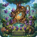 A fantasy-themed digital illustration featuring a magical tree, vibrant purple flowers, and a mystical glowing center against a dark starry background.