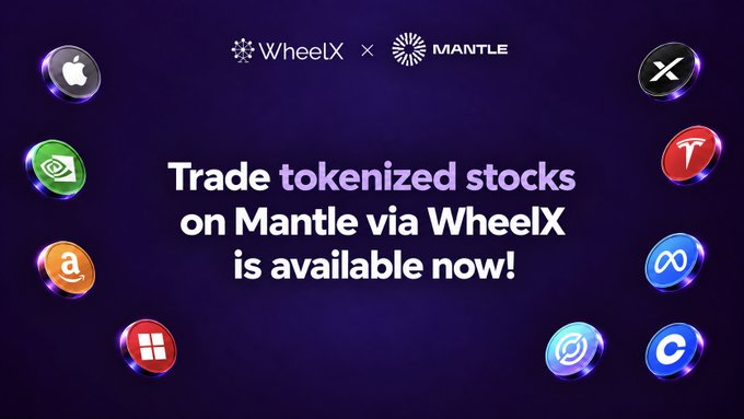 A promotional graphic for WheelX and Mantle announcing 'Trade tokenized stocks on Mantle via WheelX is available now!' surrounded by stock ticker icons including Apple, NVIDIA, Tesla, Amazon, Microsoft, and Coinbase.