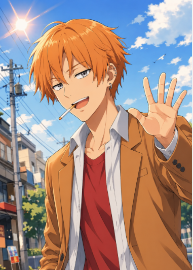 An anime-style illustration of an orange-haired young man with a cigarette in his mouth wearing a brown blazer and red shirt, waving his hand against a sunny sky background.