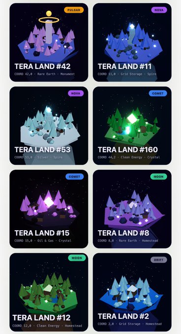 The image displays a collection of eight low-poly, isometric "TERA LAND" map tiles (numbered #2, #8, #11, #12, #15, #42, #53, and #160), each with terrain tags like "Pulsar," "Nova," "Comet," and "Moon" along with coordinates and elemental attributes (e.g., Rare Earth, Grid Storage, Clean Energy). These floating island plots visually represent the 58×58 grid micro-maps referenced in the post, showcasing the diverse, purchasable neighborhood slices that make up the larger Tera Land world.