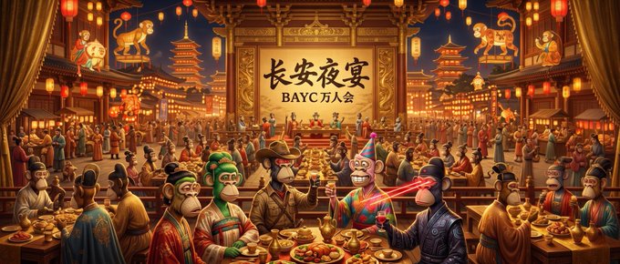 The image features a large painting of a banquet scene filled with people enjoying food at tables. The room is illuminated by numerous lights, creating a festive atmosphere. In the foreground, there are two people dressed as monkeys sitting at a table, surrounded by other guests who appear to be eating and socializing. The painting captures the essence of a traditional Chinese banquet, showcasing the rich cultural heritage and traditions associated with such events in China.