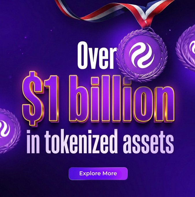 A promotional graphic on a purple background with medals, displaying the text 'Over $1 billion in tokenized assets' and an 'Explore More' button.
