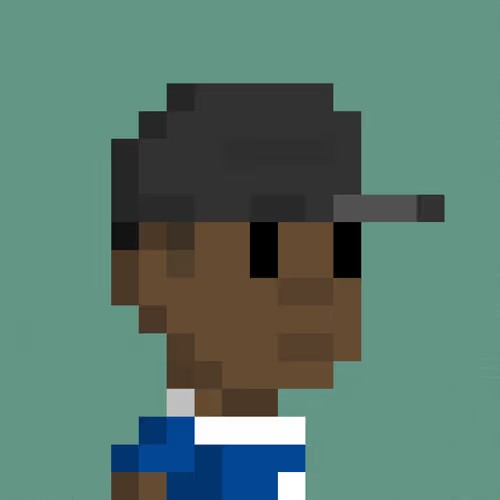 A pixel art illustration depicting the side profile of a dark-skinned character wearing a dark cap and blue and white clothing against a teal background.