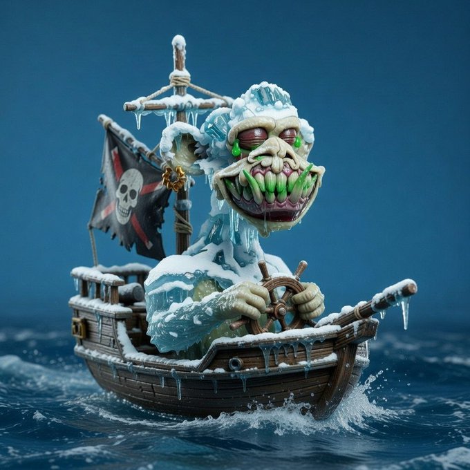 A detailed miniature figurine of a skeletal pirate with green teeth and a toothy grin steers a small wooden pirate ship through icy waters, complete with a Jolly Roger flag.