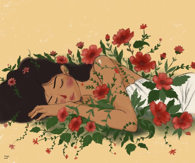 A digital illustration of a dark-haired woman sleeping while lying among green vines and red blossoms against a yellow background.
