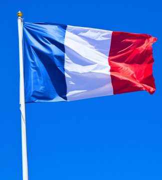 The French tricolor flag waves against a clear blue sky, symbolizing France as the backdrop for the legal battle against DAC8 surveillance rules, reinforcing the post's message about the fight for financial sovereignty taking place in the country.