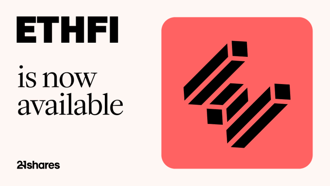 A promotional graphic announcing "ETHFI is now available" in bold black text alongside the 21shares logo and an abstract geometric design in a salmon-colored rounded rectangle, tied to the launch of the 21shares EthFi ETP on Euronext Amsterdam and Paris.