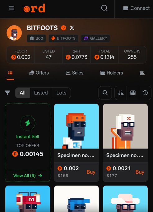 A mobile app screen for 'ord' showing the BITFOOTS NFT collection marketplace, displaying floor price, listings, and various pixel-art specimen character listings for sale.