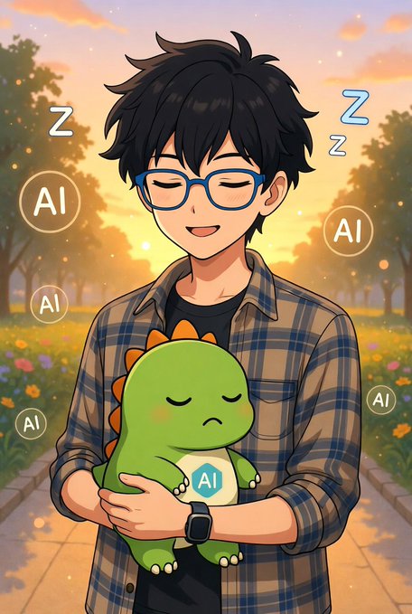 The image features a man holding a green dinosaur plush toy, with his eyes closed as if he's sleeping or taking a nap. The background of the image shows trees and flowers, creating an outdoor setting for this scene. The caption below the image reads "Good morning & Happy Saturday. Weekend mornings hit different, woke up fresh, had my coffee, and checked in on @sleepagotchi to see my Dino and stack some Sleep Points".
