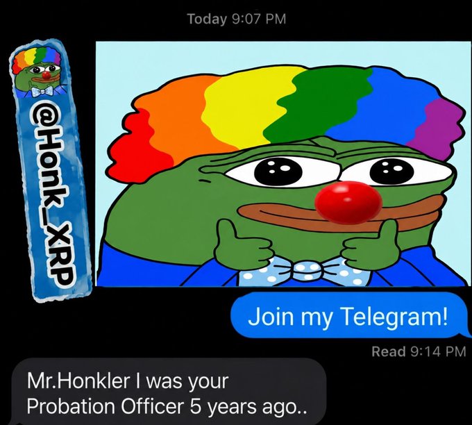 A screenshot of a social media story from '@Honk_XRP' featuring a Pepe the Frog meme giving a thumbs up with a rainbow-colored afro, overlaid with the text 'Join my Telegram!' and a message reading 'Mr.Honkler I was your Probation Officer 5 years ago..'.
