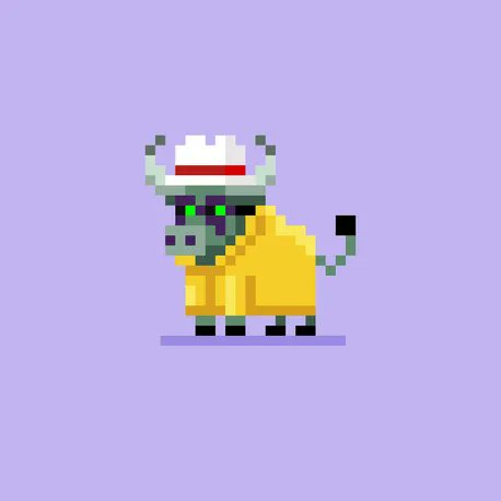 Pixel art of a goat wearing a white hat with a red band and a yellow raincoat against a purple background.