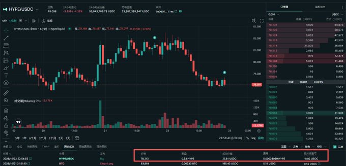 A dark HYPE/USDC trading chart on Hyperliquid displays red and green candlesticks, an order book, volume bars, and a highlighted market-details strip along the bottom.