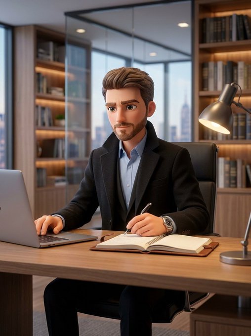 A 3D animated-style illustration of a bearded man in a dark suit and light blue shirt sitting at a desk, holding a pen over a notebook with a laptop and desk lamp nearby, set in a modern office with bookshelves.