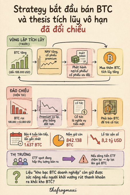 The image is an infographic titled "Strategy bắt đầu bán BTC và thesis tích lũy vô hạn đã đổi chiều" (Strategy begins selling BTC and the infinite accumulation thesis has reversed), illustrating the contrast between Strategy's previous accumulation strategy (BTC up to 108,000 USD, NAV up, premium increases, issuing shares) and its current reversal (BTC dropped from 108,000 to 63,800 USD, premium declined, returning cash dividends, selling 1,637 BTC). The graphic confirms key figures from the post: 1,637 BTC sold, holdings down to 842,138 BTC, and an $8.2 billion unrealized loss on digital assets, while warning of further BTC price pressure if ETFs also begin selling.