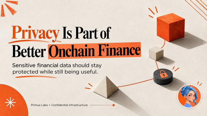 An advertisement for Primus Labs displays the text 'Privacy Is Part of Better Onchain Finance,' noting that 'Sensitive financial data should stay protected while still being useful,' accompanied by 3D geometric shapes and a padlock icon.