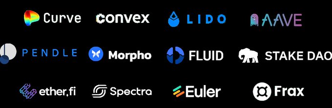 The image displays logos of various DeFi protocols including Curve, Convex, Lido, Aave, Pendle, Morpho, Fluid, Stake DAO, ether.fi, Spectra, Euler, and Frax, suggesting f(x) Protocol's compatibility or integration with these major platforms. This aligns with the post's emphasis on the protocol's accessibility and ease of use, reinforcing the narrator's friend's claim about starting to earn without an initial deposit.