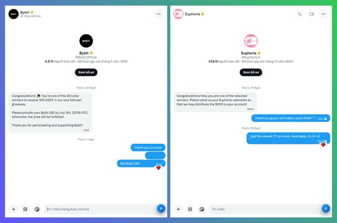 Two Instagram DMs side-by-side showing congratulations to a 'Bybit Official' account for winning 100 USDT (July 5th) and an 'Euphoria' account offering 100 $100 after a giveaway for a 4.5 Tr $Bybit and 37.6 N Euphoria post.