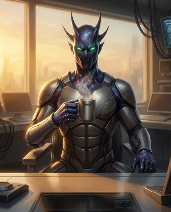 A digital illustration of a humanoid figure in metallic armor with a cosmic/galaxy pattern on its skin, sitting at a desk and holding a steaming mug.