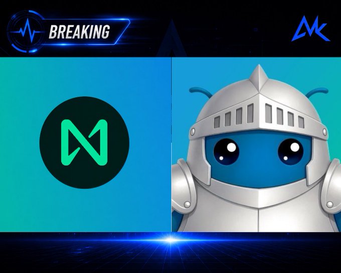 A 'BREAKING' news graphic featuring a green 'N' or 'M' logo on the left and a blue cartoon character wearing silver knight armor on the right.