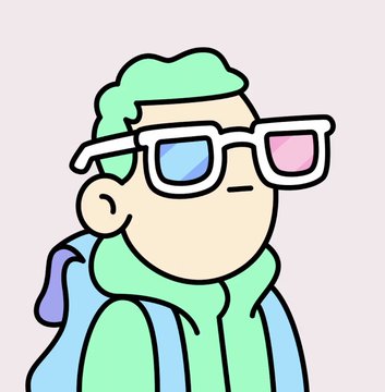 The image features a cartoon character wearing glasses, a backpack, and a hoodie. The character appears to be a young man with a green headband. The character is standing against a pink background, which contrasts with his outfit. The character's face is turned towards the camera, giving us a clear view of him.