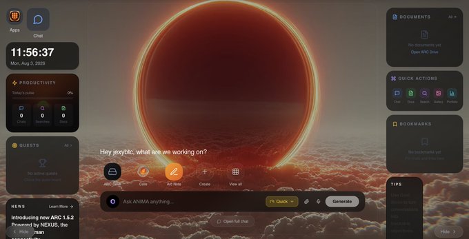 A dark-themed dashboard interface displays the time 11:56:37 on Mon, Aug 11, 2026, with widgets for productivity, documents, quick actions, and news mentioning 'Introducing new ARC 1.5.2'.